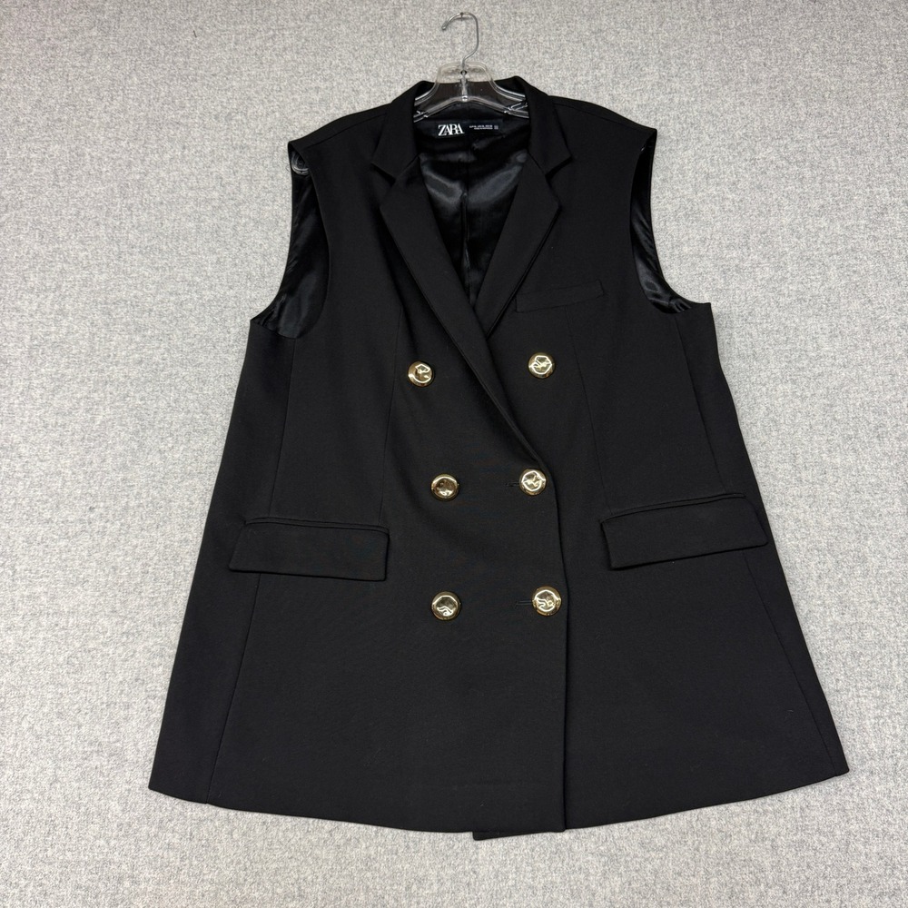 Zara Sleeveless Double Breasted Blazer Vest XL Black Gold Button Professional